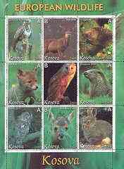 Kosova 2000 European Wildlife perf sheetlet containing set of 9 values unmounted mint, stamps on birds, stamps on birds of prey, stamps on buzzard, stamps on animals, stamps on deer, stamps on owls, stamps on fox, stamps on otter, stamps on hare, stamps on  fox , stamps on foxes, stamps on 