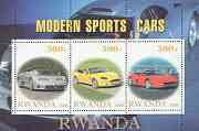 Rwanda 2000 Modern Sports Cars perf sheetlet containing set of 3 values unmounted mint, stamps on , stamps on  stamps on cars, stamps on 