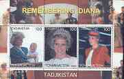 Tadjikistan 2000 Remembering Diana #1 perf sheetlet containing set of 3 values unmounted mint, stamps on diana, stamps on royalty