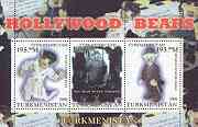 Turkmenistan 2000 Hollywood Bears perf sheetlet containing set of 3 values (Elvis Bearsley &  Charly Bearlin) unmounted mint, stamps on , stamps on  stamps on films, stamps on  stamps on cinema, stamps on  stamps on bears, stamps on  stamps on elvis