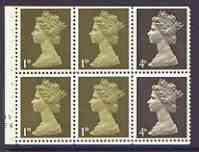 Great Britain 1967-70 Machin 1d/4d sepia se-tenant booklet pane of 6 with cyl nos F4 N5, perfs trimmed , stamps on xxx