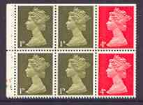 Great Britain 1967-70 Machin 1d/4d vermilion se-tenant booklet pane of 6 with cyl nos F4 N5, perfs trimmed , stamps on , stamps on  stamps on booklet pane - great britain 1967-70 machin 1d/4d vermilion se-tenant booklet pane of 6 with cyl nos f4 n5, stamps on  stamps on  perfs trimmed 