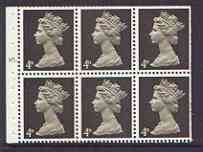 Great Britain 1967-70 Machin 4d sepia (centre band) booklet pane of 6 with cyl no N1, good perfs, stamps on 