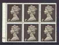 Great Britain 1967-70 Machin 4d sepia (two band) booklet pane of 6 with cyl no N2, reasonable perfs, stamps on 