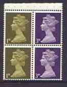 Great Britain 1967-70 Machin 1d/3d se-tenant booklet pane of 4 with 1d at left, average perfs, stamps on xxx