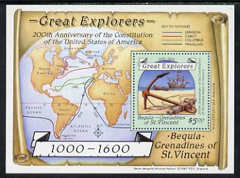 St Vincent - Bequia 1988 Explorers $5 m/sheet (Map & Anchor) unmounted mint. , stamps on explorers      maps      anchor    ships