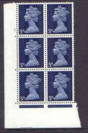 Great Britain 1967-70 Machin 5d cylinder block of 6 (Cyl 1 dot) unmounted mint, stamps on 