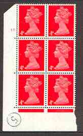 Great Britain 1967-70 Machin 4d vermilion cylinder block of 6 (Cyl 17 dot) unmounted mint, stamps on 