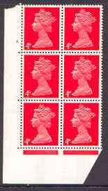 Great Britain 1967-70 Machin 4d vermilion cylinder block of 6 (Cyl 4 dot) unmounted mint, stamps on , stamps on  stamps on great britain 1967-70 machin 4d vermilion cylinder block of 6 (cyl 4 dot) unmounted mint