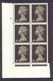 Great Britain 1967-70 Machin 4d sepia (two bands) cylinder block of 6 (Cyl 12 no dot) unmounted mint, stamps on 