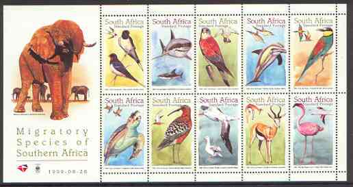 South Africa 1999 Migratory Species sheetlet containing set of 10 values unmounted mint, SG 1155a, stamps on , stamps on  stamps on birds, stamps on  stamps on animals, stamps on  stamps on birds of prey, stamps on  stamps on sharks, stamps on  stamps on fish, stamps on  stamps on turtles, stamps on  stamps on dolphins, stamps on  stamps on kestrel, stamps on  stamps on bee-eater, stamps on  stamps on reptiles, stamps on  stamps on albatross, stamps on  stamps on springbok, stamps on  stamps on flaminigo, stamps on  stamps on elephants