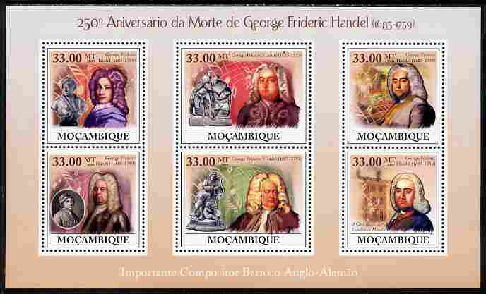 Mozambique 2009 250th Death Anniversary of George Frederic Handel perf sheetlet containing 6 vaues unmounted mint, stamps on , stamps on  stamps on personalities, stamps on  stamps on handel, stamps on  stamps on opera, stamps on  stamps on music, stamps on  stamps on composers, stamps on  stamps on 