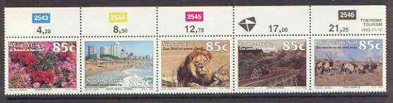 South Africa 1993 Tourism se-tenant strip of 5 unmounted mint, SG 826a, stamps on , stamps on  stamps on tourism, stamps on  stamps on flowers, stamps on  stamps on lion, stamps on  stamps on cats, stamps on  stamps on railways, stamps on  stamps on gazelle, stamps on  stamps on animals