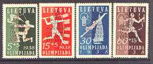 Lithuania 1938 Scouts & Guides National Camp opt on Olympiad Fund set of 4 unmounted mint, SG 424-27, stamps on scouts, stamps on guides, stamps on olympics, stamps on archery, stamps on javelin, stamps on diving, stamps on running