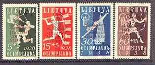 Lithuania 1938 Scouts & Guides National Camp opt on Olympiad Fund set of 4 unmounted mint, SG 424-27, stamps on , stamps on  stamps on scouts, stamps on guides, stamps on olympics, stamps on archery, stamps on javelin, stamps on diving, stamps on running