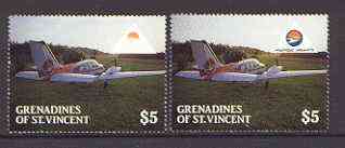 St Vincent - Grenadines 1988 Mustique Airways $5 unmounted mint with blue printing omitted from logo, plus normal, SG 562var, stamps on aviation
