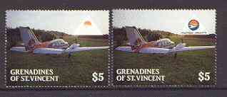 St Vincent - Grenadines 1988 Mustique Airways $5 unmounted mint with blue printing omitted from logo, plus normal, SG 562var, stamps on , stamps on  stamps on aviation