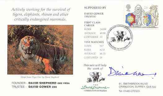 Great Britain 1998 Year of the Tiger illustrated cover (by David Shepherd) with special 'Elephant' cancel, signed by David Gower (Trustee), stamps on cats, stamps on animals, stamps on tigers, stamps on elephants, stamps on cricket