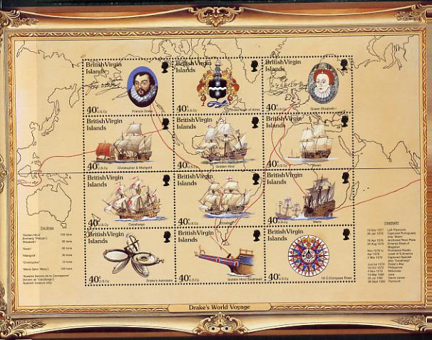 British Virgin Islands 1997 420th Anniversary of Drakes Circumnavigation of the World perf sheetlet containing 12 values unmounted mint, SG 975-87, stamps on explorers, stamps on maps, stamps on drake, stamps on navigation, stamps on ships