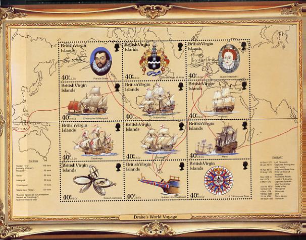 British Virgin Islands 1997 420th Anniversary of Drake's Circumnavigation of the World perf sheetlet containing 12 values unmounted mint, SG 975-87, stamps on , stamps on  stamps on explorers, stamps on  stamps on maps, stamps on  stamps on drake, stamps on  stamps on navigation, stamps on  stamps on ships