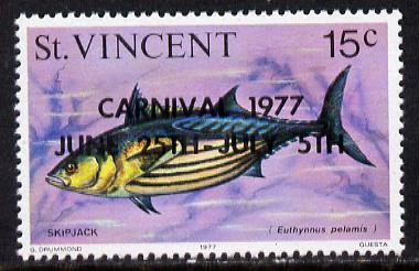 St Vincent 1977 Fish 15c with black Carnival overprint error (SG 533a), stamps on fish     marine-life