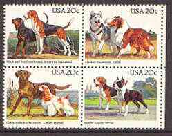 United States 1984 Centenary of Kennel Club se-tenant block of 4 unmounted mint, SG 2098a, stamps on dogs, stamps on beagle, stamps on foxhound, stamps on boston terrier, stamps on cocker spaniels, stamps on collie, stamps on 