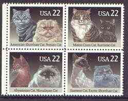 United States 1988 Cats se-tenant block of 4 unmounted mint, SG 2337a, stamps on cats