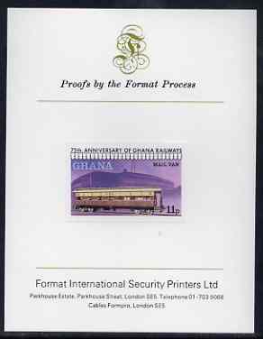 Ghana 1978 Mail Van 11p (from Railways set) imperf proof mounted on Format International proof card, as SG 868, stamps on railways