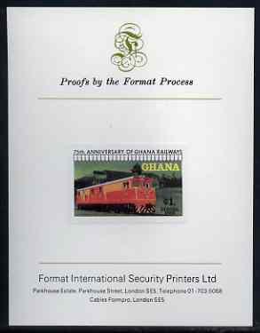 Ghana 1978 Diesel-Electric Loco 1c (from Railways set) imperf proof mounted on Format International proof card, as SG 871, stamps on railways