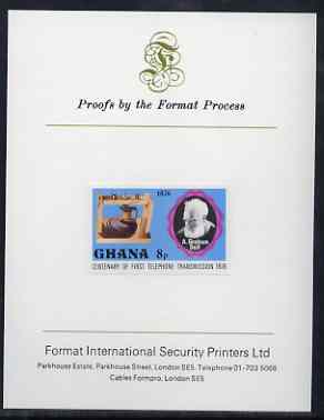 Ghana 1976 Gallows Frame & Graham Bell 8p (from Telephone Centenary set) imperf proof mounted on Format International proof card, as SG 791, stamps on , stamps on  stamps on telephones, stamps on  stamps on communications, stamps on  stamps on scots, stamps on  stamps on scotland