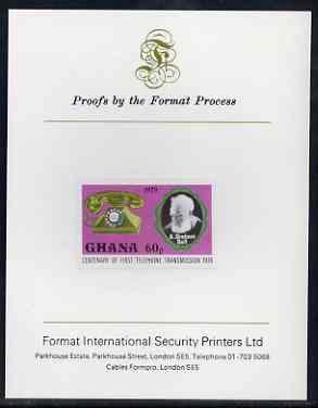 Ghana 1976 Telephone of 1929 & Graham Bell 60p (from Telephone Centenary set) imperf proof mounted on Format International proof card, as SG 793, stamps on , stamps on  stamps on telephones, stamps on  stamps on communications, stamps on  stamps on scots, stamps on  stamps on scotland