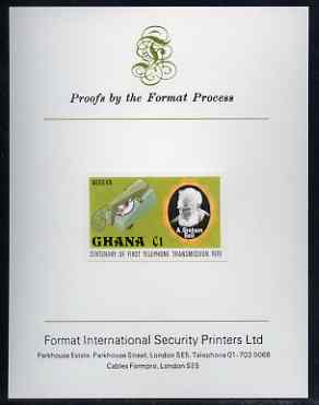 Ghana 1976 Telephone of 1976 & Graham Bell C1 (from Telephone Centenary set) imperf proof mounted on Format International proof card, as SG 794, stamps on , stamps on  stamps on telephones, stamps on  stamps on communications, stamps on  stamps on scots, stamps on  stamps on scotland