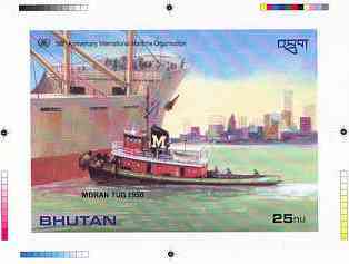Bhutan 1989 International Maritime Organisation - Intermediate stage computer-generated essay #1 (as submitted for approval) for 25nu m/sheet (Moran Tug) 185 x 130 mm ver..., stamps on ships, stamps on tugs