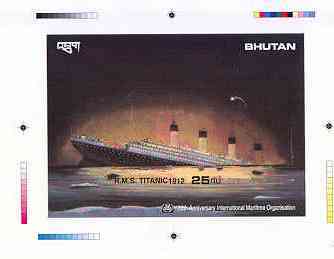 Bhutan 1989 International Maritime Organisation - Intermediate stage computer-generated essay #1 (as submitted for approval) for 25nu m/sheet (Sinking of the Titanic) 185..., stamps on ships, stamps on titanic, stamps on shipwrecks