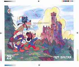 Bhutan 1985 Walt Disney 'A Tramp Abroad' by Mark Twain - Intermediate stage computer-generated essay #1 (as submitted for approval) for 25nu m/sheet (Viewing the Castle) 175 x 140 mm very similar to issued design plus marginal markings, ex Government archives and probably unique (as Sc 521), stamps on , stamps on  stamps on disney, stamps on castles, stamps on twain