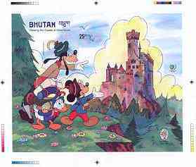 Bhutan 1985 Walt Disney 'A Tramp Abroad' by Mark Twain - Intermediate stage computer-generated essay #2 (as submitted for approval) for 25nu m/sheet (Viewing the Castle) 175 x 140 mm very similar to issued design plus marginal markings, ex Government archives and probably unique (as Sc 521), stamps on , stamps on  stamps on disney, stamps on castles, stamps on twain