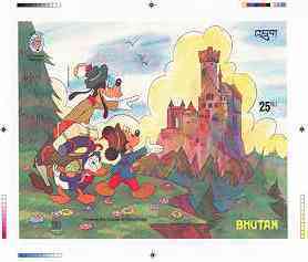 Bhutan 1985 Walt Disney A Tramp Abroad by Mark Twain - Intermediate stage computer-generated essay #3 (as submitted for approval) for 25nu m/sheet (Viewing the Castle) 17..., stamps on disney, stamps on castles, stamps on twain