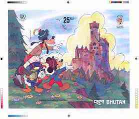 Bhutan 1985 Walt Disney A Tramp Abroad by Mark Twain - Intermediate stage computer-generated essay #4 (as submitted for approval) for 25nu m/sheet (Viewing the Castle) 17..., stamps on disney, stamps on castles, stamps on twain