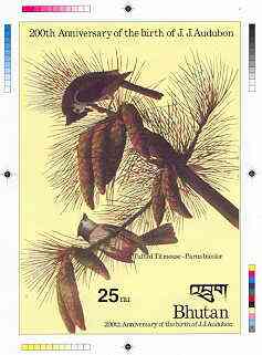 Bhutan 1985 John Audubon Bicentenary - Intermediate stage computer-generated essay #1 (as submitted for approval) for 25nu m/sheet (Tufted Titmouse) 140 x 200 mm very similar to issued design plus marginal markings, ex Government archives and probably unique (as Sc 515), stamps on , stamps on  stamps on birds, stamps on audubon, stamps on tit