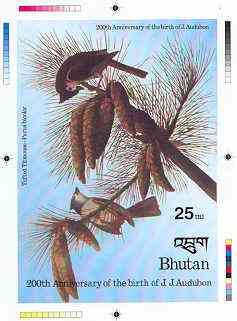 Bhutan 1985 John Audubon Bicentenary - Intermediate stage computer-generated essay #2 (as submitted for approval) for 25nu m/sheet (Tufted Titmouse) 140 x 200 mm very similar to issued design plus marginal markings, ex Government archives and probably unique (as Sc 515), stamps on , stamps on  stamps on birds, stamps on audubon, stamps on tit