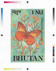 Bhutan 1990 Butterflies - Intermediate stage computer-generated essay #2 (as submitted for approval) for 1nu value (Prioneris thestylis) 100 x 160 mm very similar to issued design plus marginal markings, ex Government archives and probably unique (as Sc 823), stamps on , stamps on  stamps on butterflies