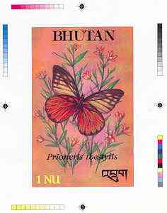 Bhutan 1990 Butterflies - Intermediate stage computer-generated essay #3 (as submitted for approval) for 1nu value (Prioneris thestylis) 100 x 160 mm very similar to issued design plus marginal markings, ex Government archives and probably unique (as Sc 823), stamps on , stamps on  stamps on butterflies
