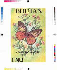 Bhutan 1990 Butterflies - Intermediate stage computer-generated essay #4 (as submitted for approval) for 1nu value (Prioneris thestylis) 100 x 160 mm very similar to issued design plus marginal markings, ex Government archives and probably unique (as Sc 823), stamps on , stamps on  stamps on butterflies