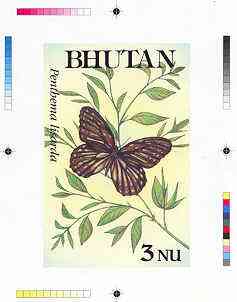 Bhutan 1990 Butterflies - Intermediate stage computer-generated essay #1 (as submitted for approval) for 3nu value (Penthema lisarda) 100 x 160 mm very similar to issued design plus marginal markings, ex Government archives and probably unique (as Sc 825), stamps on , stamps on  stamps on butterflies