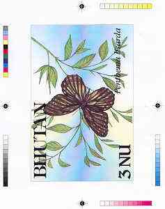 Bhutan 1990 Butterflies - Intermediate stage computer-generated essay #2 (as submitted for approval) for 3nu value (Penthema lisarda) 160 x 100 mm very similar to issued design plus marginal markings, ex Government archives and probably unique (as Sc 825), stamps on , stamps on  stamps on butterflies