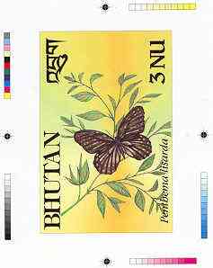 Bhutan 1990 Butterflies - Intermediate stage computer-generated essay #3 (as submitted for approval) for 3nu value (Penthema lisarda) 160 x 100 mm very similar to issued ..., stamps on butterflies