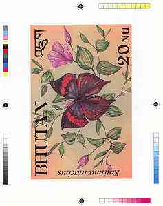 Bhutan 1990 Butterflies - Intermediate stage computer-generated essay #3 (as submitted for approval) for 20nu value (Kallima inachus) 160 x 100 mm very similar to issued design plus marginal markings, ex Government archives and probably unique (as Sc 832), stamps on , stamps on  stamps on butterflies
