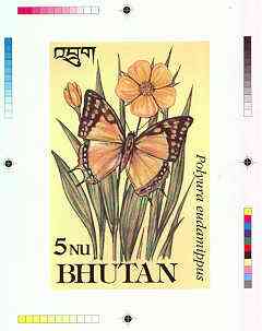 Bhutan 1990 Butterflies - Intermediate stage computer-generated essay #1 (as submitted for approval) for 5nu value (Polyura eudamippus) 100 x 160 mm very similar to issue..., stamps on butterflies