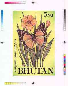 Bhutan 1990 Butterflies - Intermediate stage computer-generated essay #2 (as submitted for approval) for 5nu value (Polyura eudamippus) 100 x 160 mm very similar to issued design plus marginal markings, ex Government archives and probably unique (as Sc 827), stamps on , stamps on  stamps on butterflies