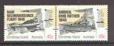 Christmas Island 1995 50th Anniversary of end of World War II se-tenant set of 2 unmounted mint, SG 407a, stamps on , stamps on  stamps on ships, stamps on aviation, stamps on  ww2 , stamps on mosquito